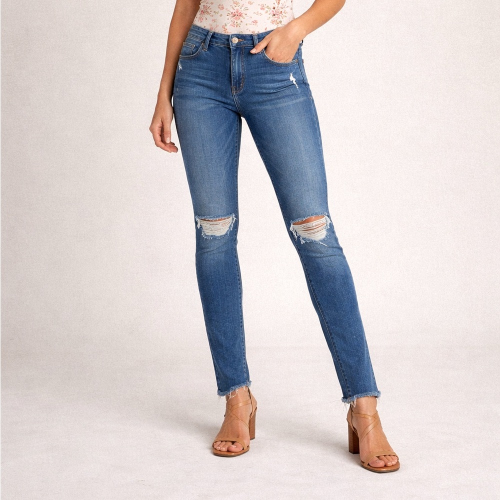 Frame Le Skinny De Jean Crop Mid Blue High-Rise Distressed Skinny Jeans